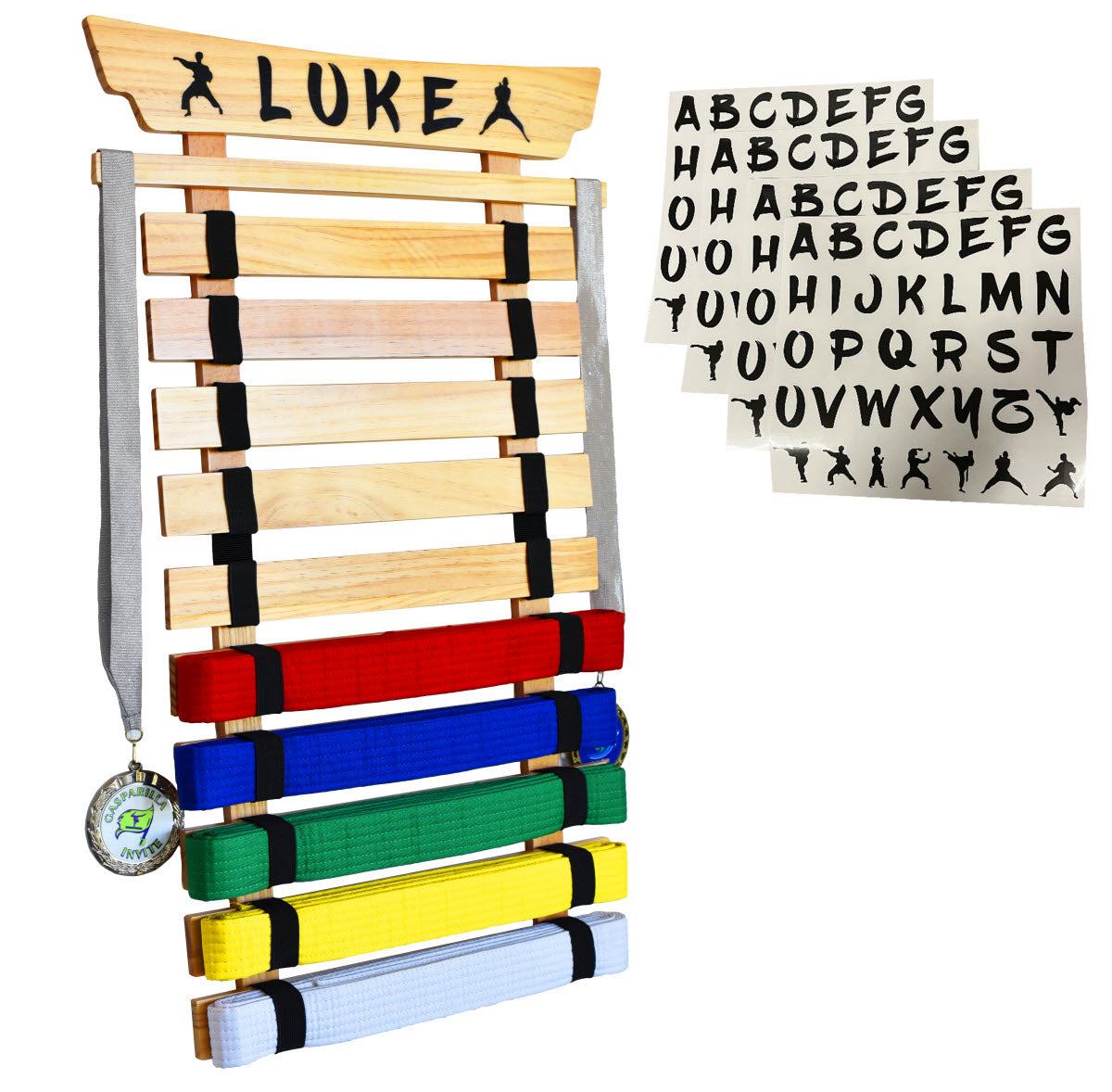 Karate Belt Display Rack, Pine 15, 12, 10, 8 or 5 Belt Taekwondo, BJJ Belt Display Rack with Stickers