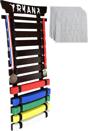 Karate Belt Display Rack, Dark Cherry 15 or 12 Belt Taekwondo, BJJ Belt Display Rack with Stickers (Copy)