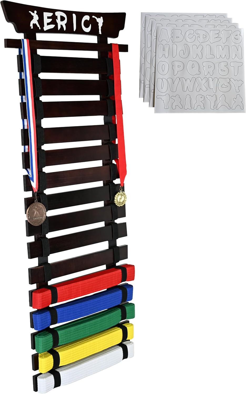 Karate Belt Display Rack, Dark Cherry 15 or 12 Belt Taekwondo, BJJ Belt Display Rack with Stickers (Copy)