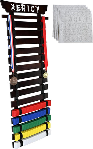 Karate Belt Display Rack, Dark Cherry 15 or 12 Belt Taekwondo, BJJ Belt Display Rack with Stickers (Copy)