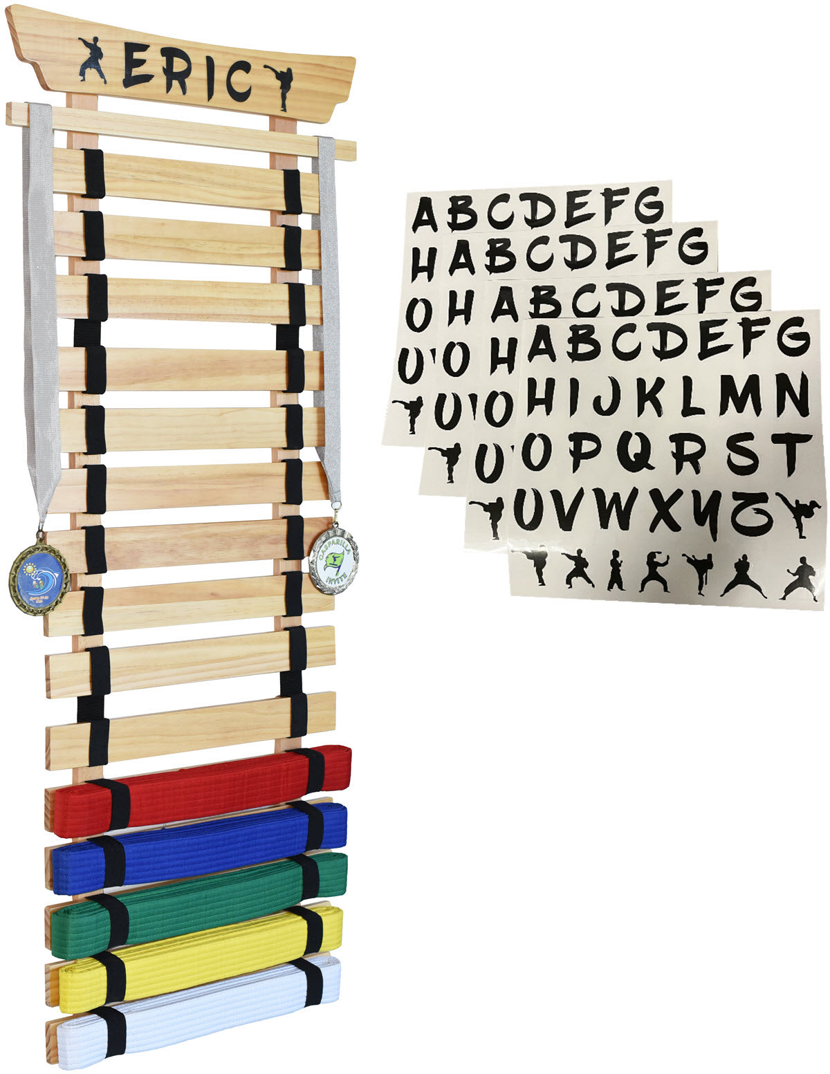 Karate Belt Display Rack, Pine 15, 12, 10, 8 or 5 Belt Taekwondo, BJJ Belt Display Rack with Stickers